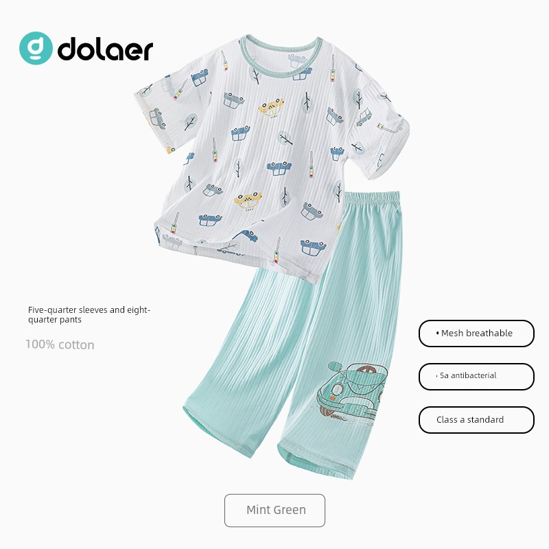 Dolaer Kidsren's Pajamas Summer Thin Pure Cotton Antibacterial Air-Conditioned Clothing for Boys and Girls Big Kidsren Boys Home Clothes Set — 7
