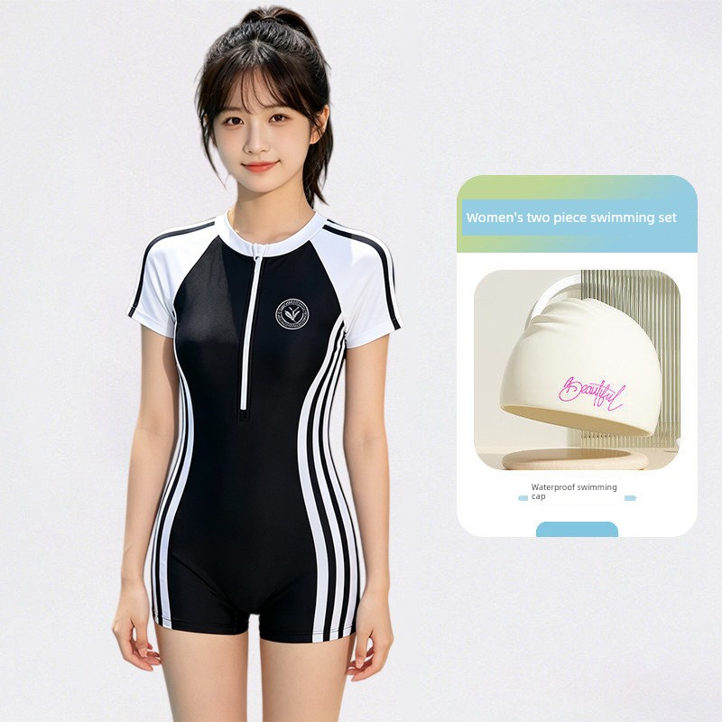 Swimsuit for Sports Exams, Girls' Junior High School Students, Conservative Style with Chest Pads, Youth Professional Training Swimwear — 3