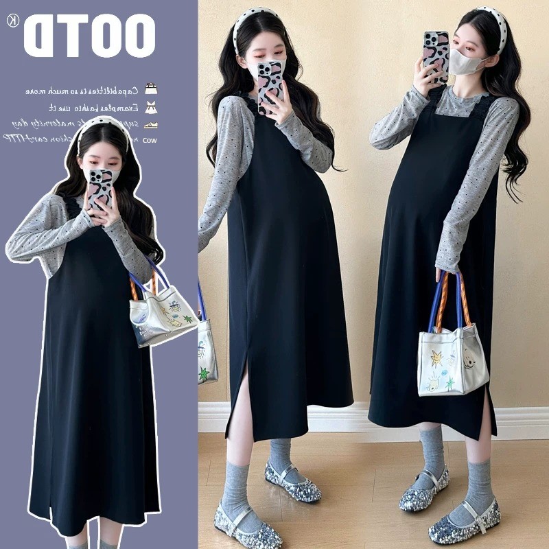 Maternity Set Autumn 2026 New Style Loose Plus-Size Suspender Skirt Polka Dot Top Maternity Dress Two-Piece Set
