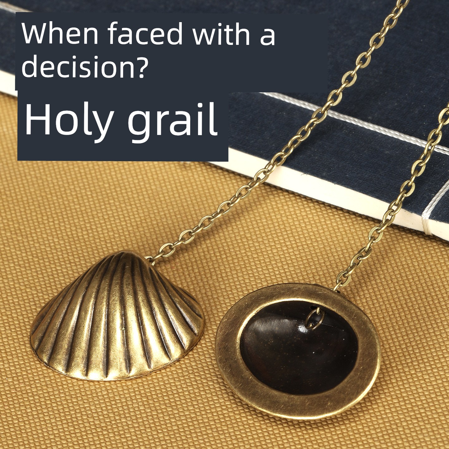 Bronze-Colored Shell with a Sacred Cup, Metal Chain, and Decorative Bronze Coins for Fortune Telling and Divination, Symbolizing Eastern Mystical Forces