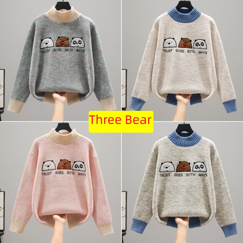 Hot money girl junior high school Plush thickening Half high collar sweater