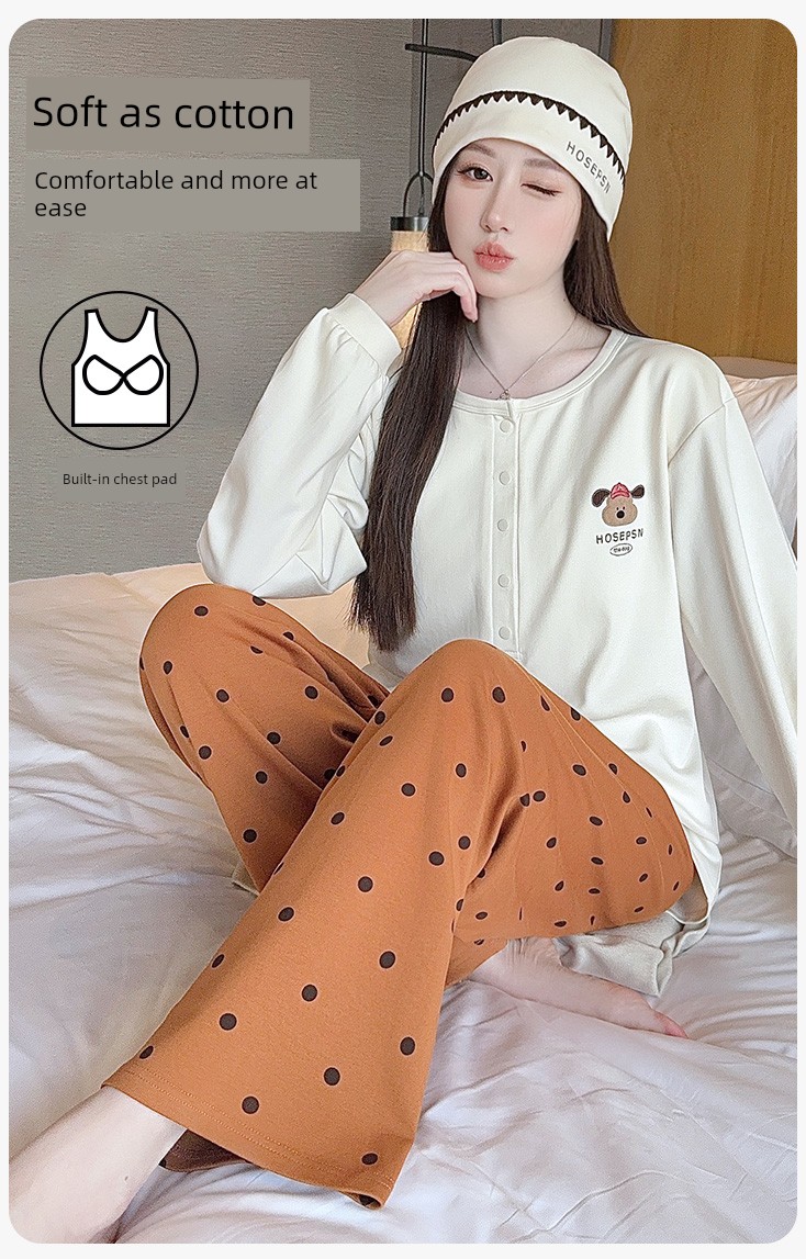 Free Hat with Winter Maternity Wear, Pure Cotton Nursing Pajamas, Spring and Autumn Postpartum All-Season Maternity Loungewear Set — 1