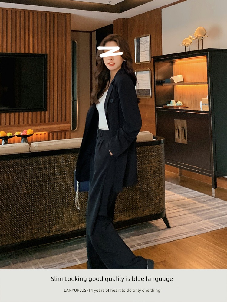 Blue language Slightly fat Wide leg pants leisure time commute suit loose coat