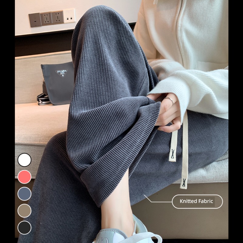 knitting female Autumn and winter Plush High waist easy Wide leg pants