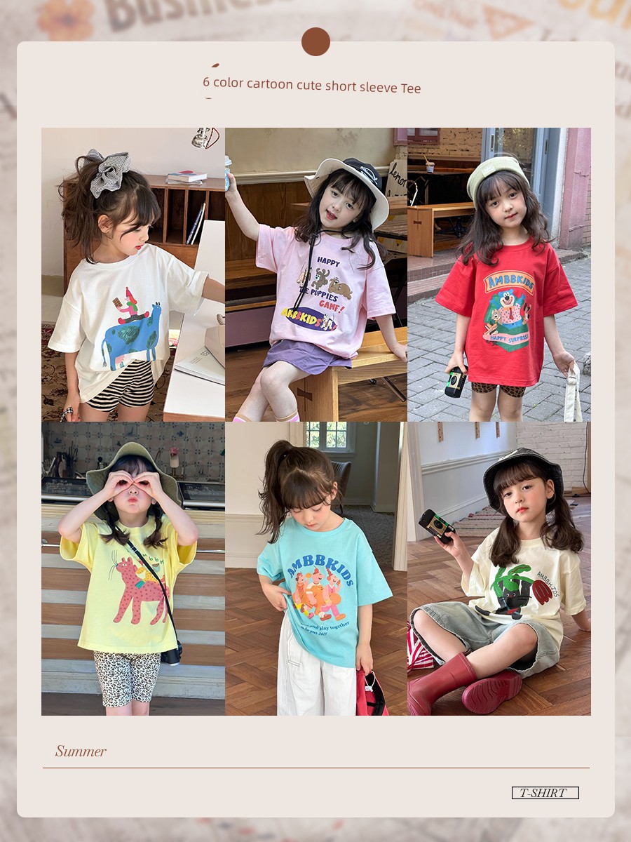 Yi Yi Ma Girl Summer Thin Cartoon Cute Short Sleeve T-shirt Teens Tops Kids Pure Cotton round Neck Bottoming Shirt