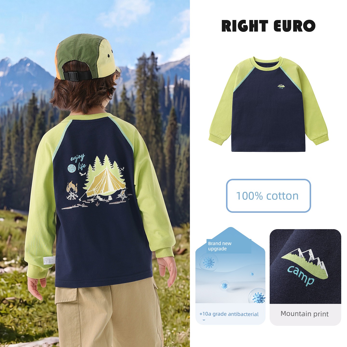 Right-Ou Boys' Long-Sleeved T-Shirt 2026 Spring and Autumn New Style Toddler Color-Blocked Round-Neck Top Loose Casual Base Shirt — 2