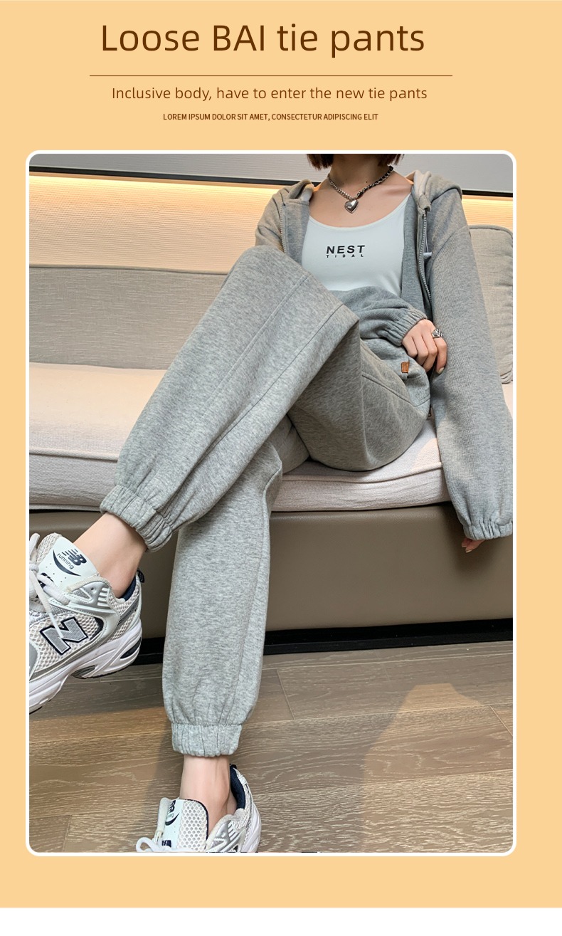 female Autumn and winter Plush Tie one's feet Show thin grey leisure time sweatpants