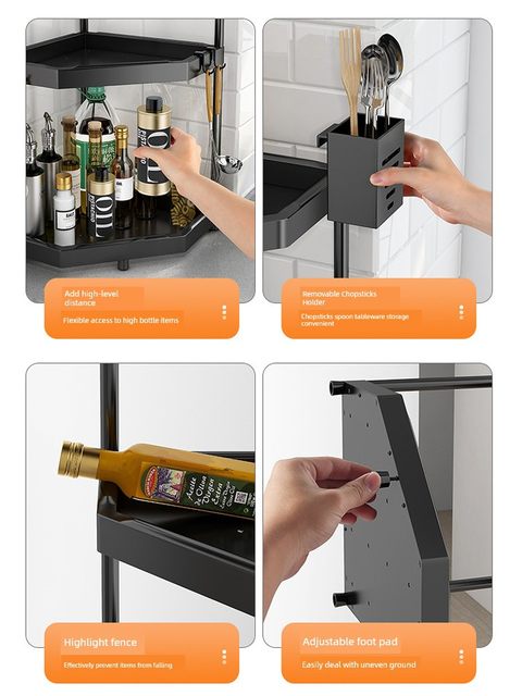 Black kitchen corner shelf without punching tripod stainless steel seasoning rack countertop corner storage rack multi-layer
