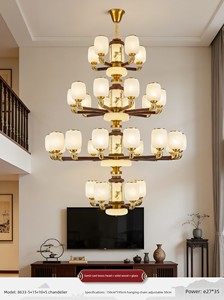 New Chinese-Style Living Room Chandelier, All-Copper and Solid Wood, High-End Chinese-Style Villa Living Room Large Chan