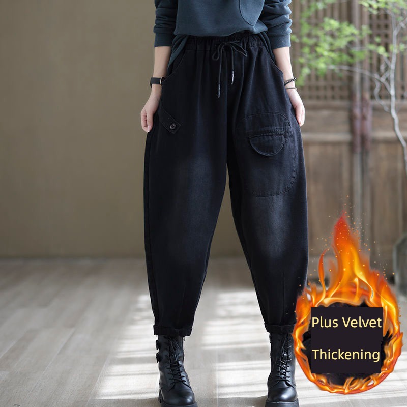 Guangzhou Xintang Town Jeans female Plush winter 2022 new pattern thickening trousers ma'am easy radish Haren pants