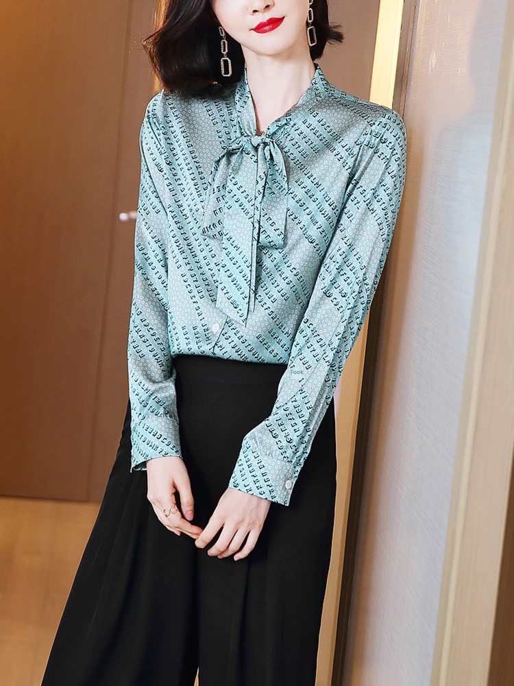 Yingmeijia fashion letter printing real silk shirt female mulberry silk bow Frenulum occupation Silk satin jacket
