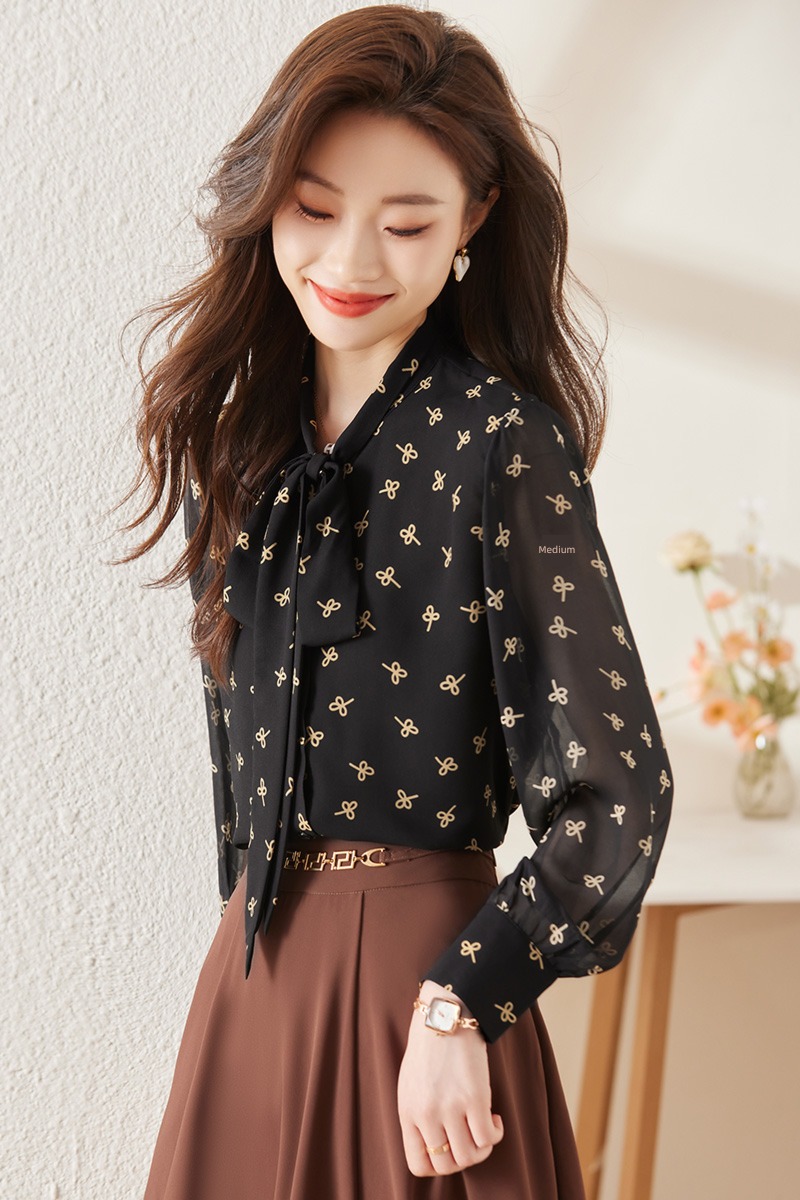 Pinge Dixin French Printed chiffon Long sleeve bow