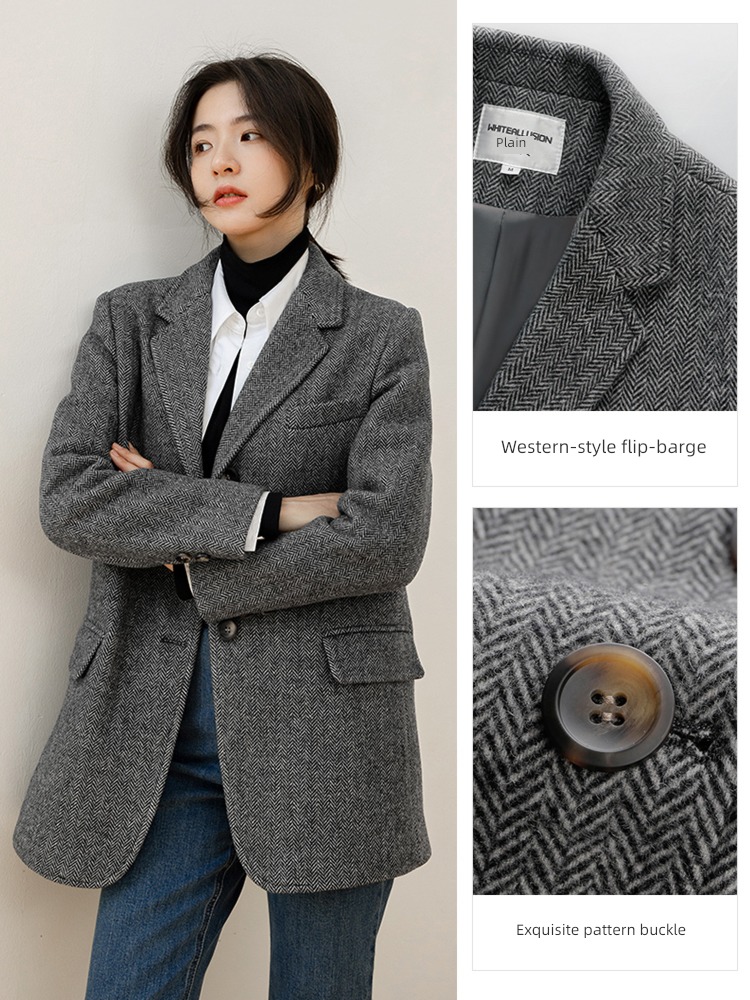 loose coat female senior Herringbone pattern suit Wool loose coat