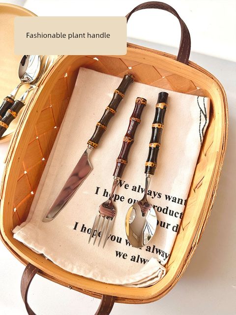 Retro Japanese Natural Bamboo Western Tableware Set Steak Knife and Fork Spoon Restaurant 304 Stainless Steel Dessert Fork Spoon