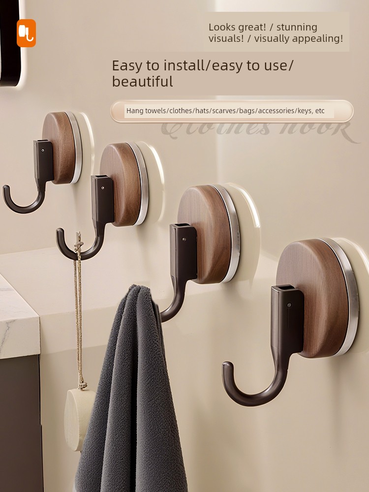 Youqin Walnut Wood Grain Suction Cup Hook, No-Drill, Strong Load-Bearing, Behind-The-Door Backpack and Hat Storage, Bathroom Adhesive Hook