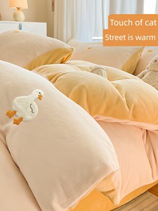 Winter Double-Sided Thickened Milk Fiber Bed Four-Piece Coral Quilt Cover Kids Flannel Autumn Winter 2025 New Arrival