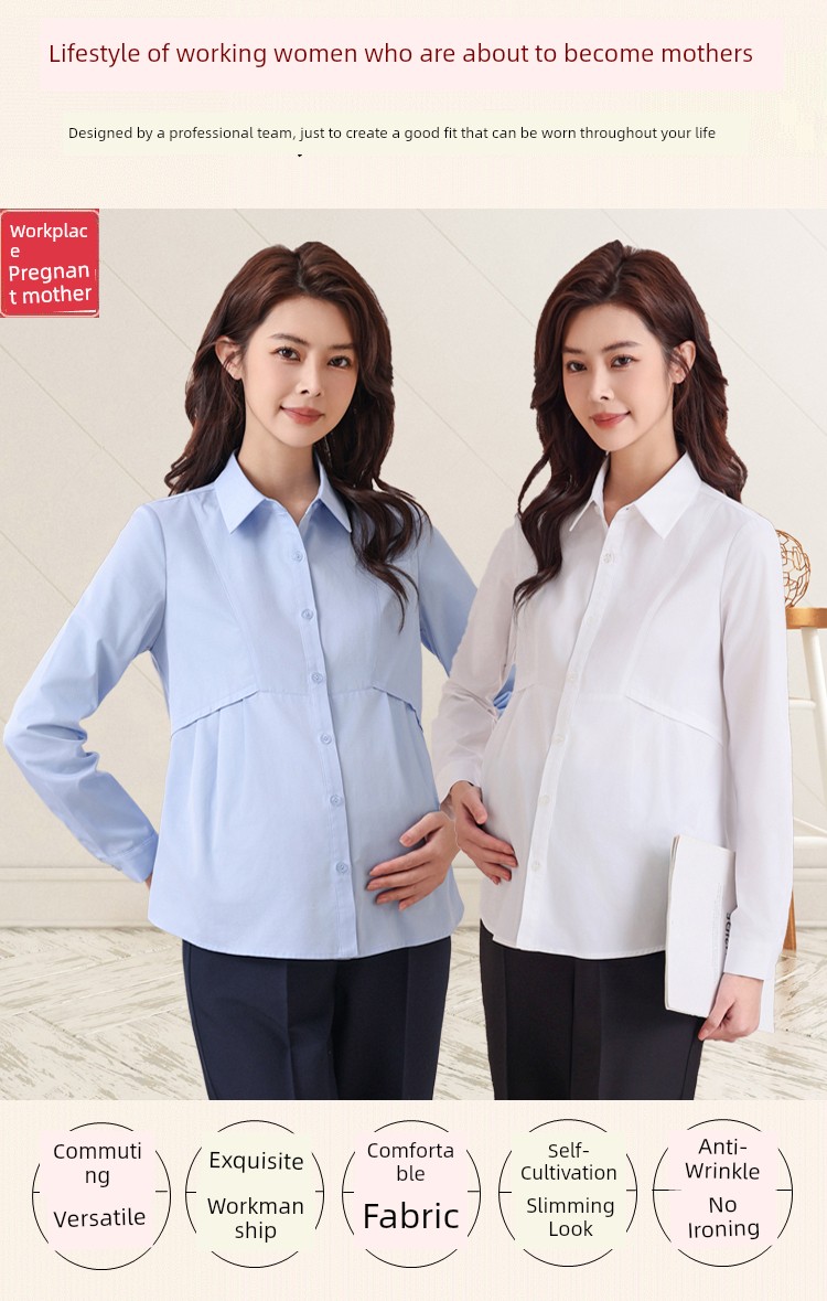 Maternity Professional Shirt, Loose-Fitting Workwear, Short White Top, Ol Blue Spring and Autumn Long-Sleeve Interview Work Shirt — 2