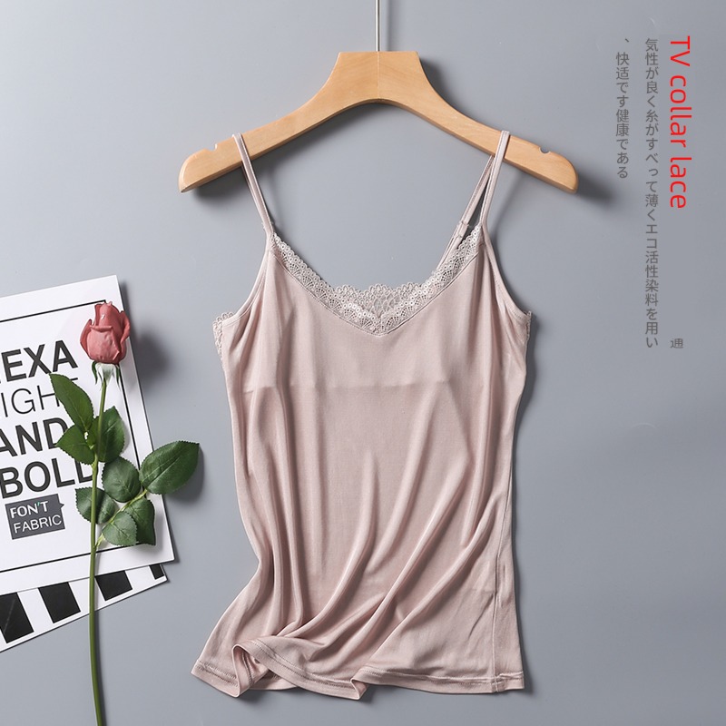 female Solid color Undershirt lace V-neck Vest real silk