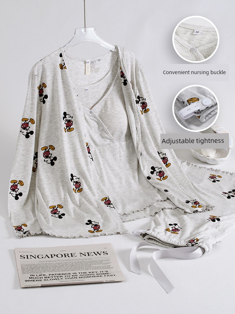 Class a Postpartum Clothing Pure Cotton Three-Piece Set Spring and Summer Thin Style Postpartum Maternity Modal Nursing Spring and Autumn Pajamas