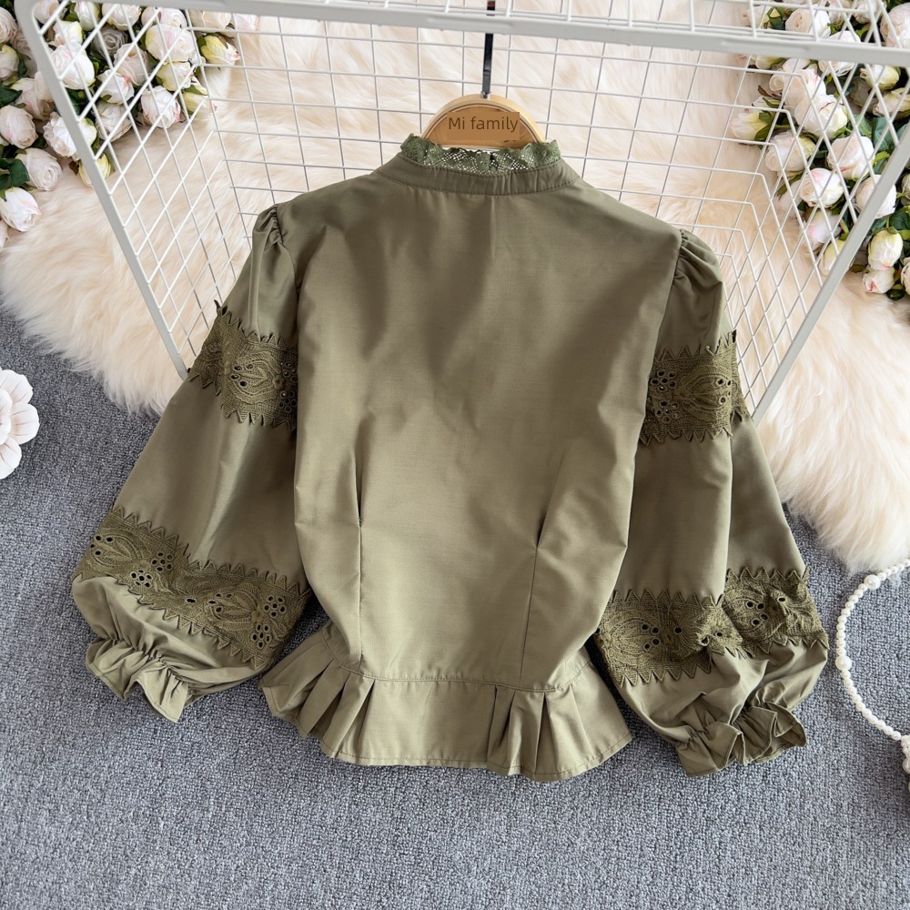 Retro stand collar Single breasted lace easy shirt Lace