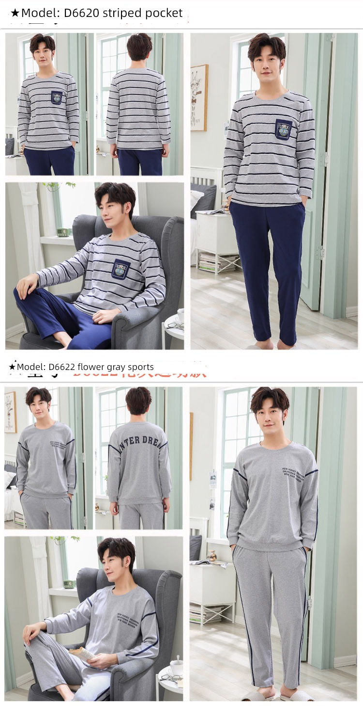 male Long sleeve Cotton Big size Autumn  summer suit pajamas