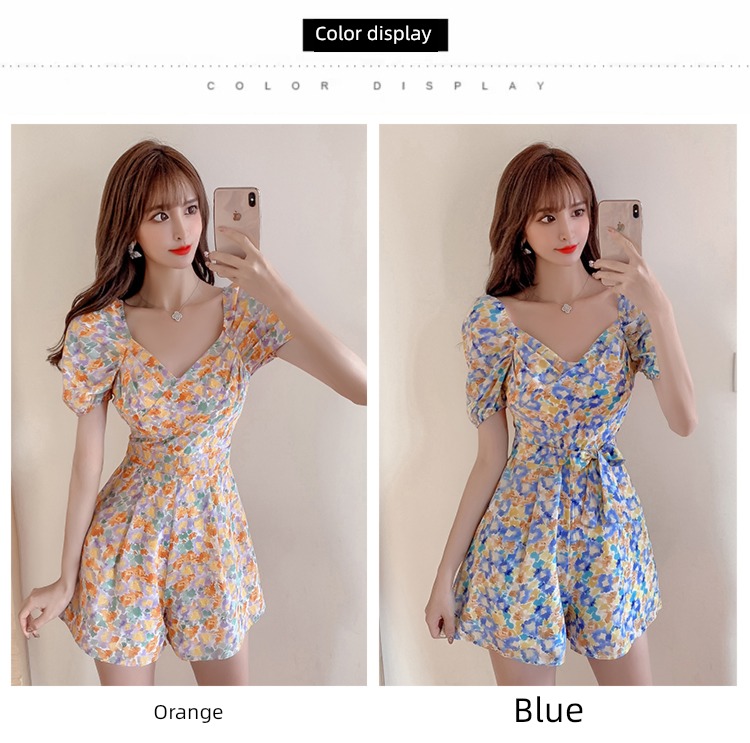 temperament Straight shoulder V-neck Broken flower shorts one-piece garment
