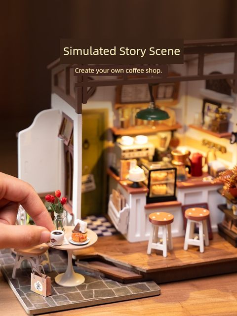 Ruojing Ruole coffee shop DIY hut handmade house wooden assembled miniature building blocks toys gift