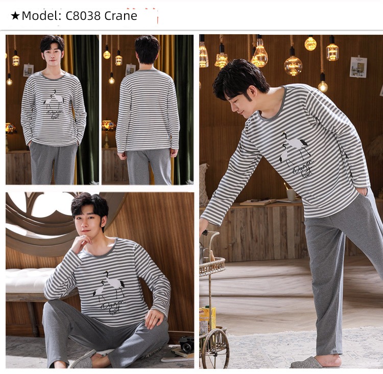 male Long sleeve Cotton Big size Autumn  summer suit pajamas