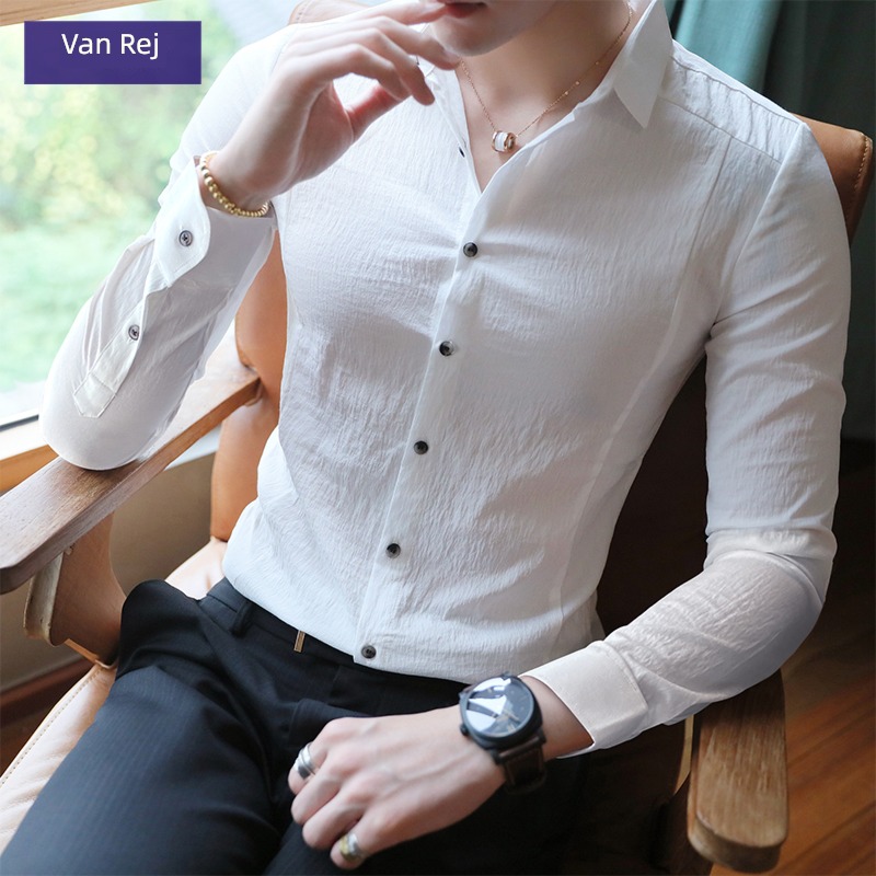 Long sleeve Korean version trend handsome leisure time white inch shirt