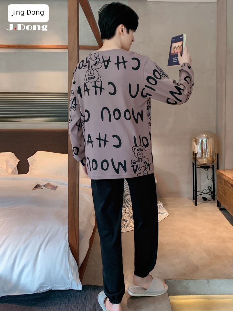 male Spring and Autumn teenagers Cotton Round neck Big size pajamas