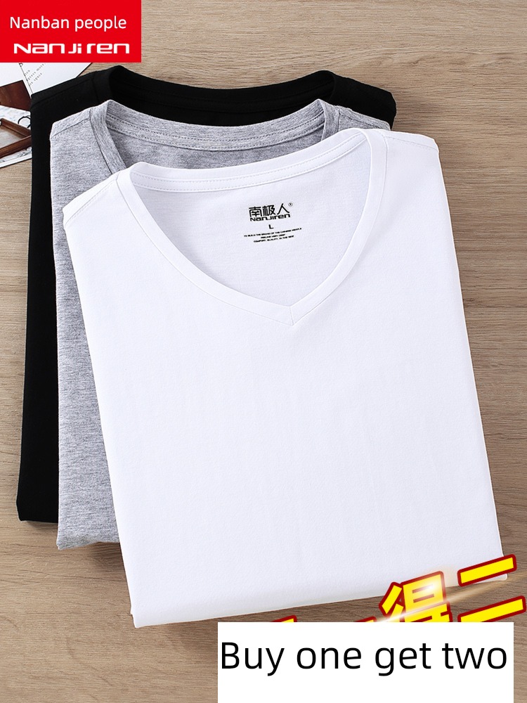 man Short sleeve white pure cotton Inner lap Autumn clothes V-neck T-shirt