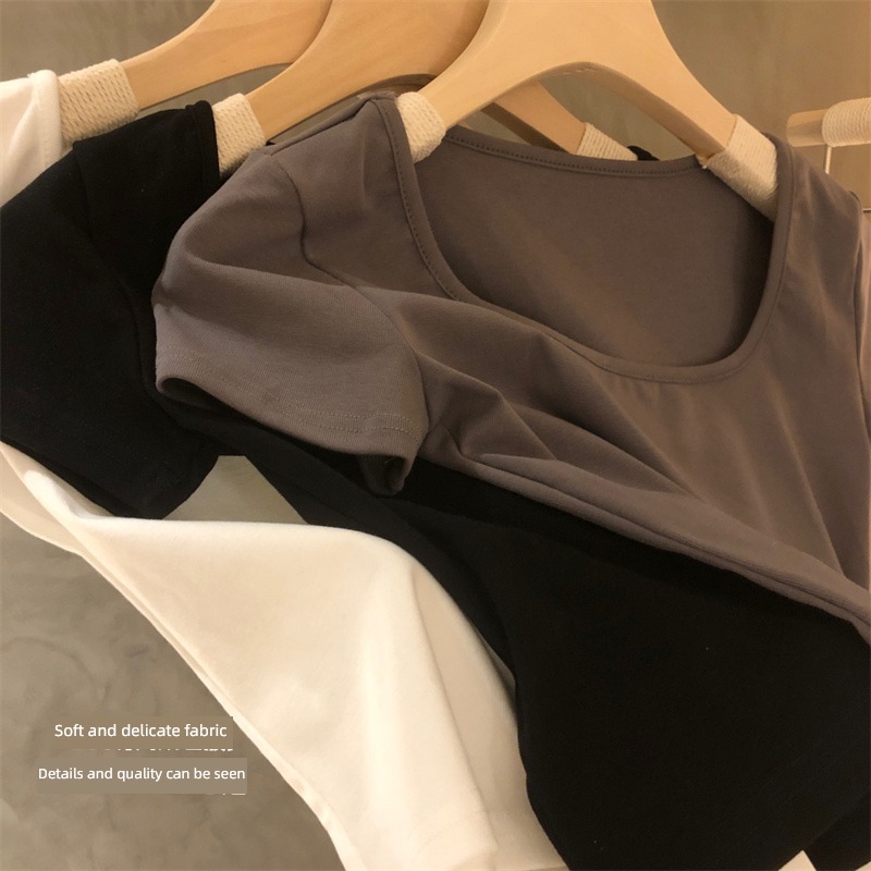 clavicle Solid color Self-cultivation T-shirt female Versatile Spring and summer Short sleeve