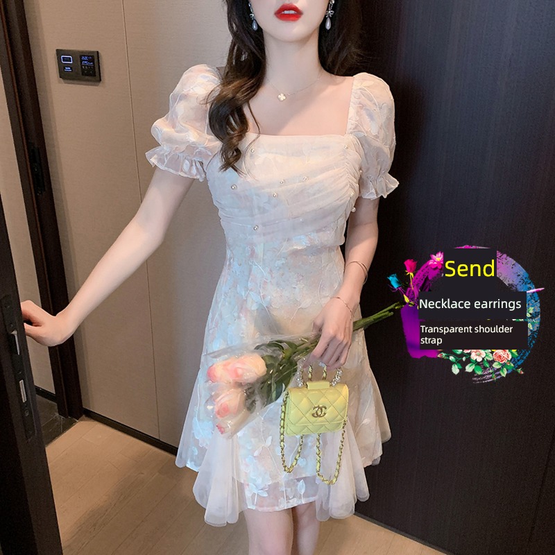 Light luxury grace temperament Nail bead fish tail Dress Short sleeve