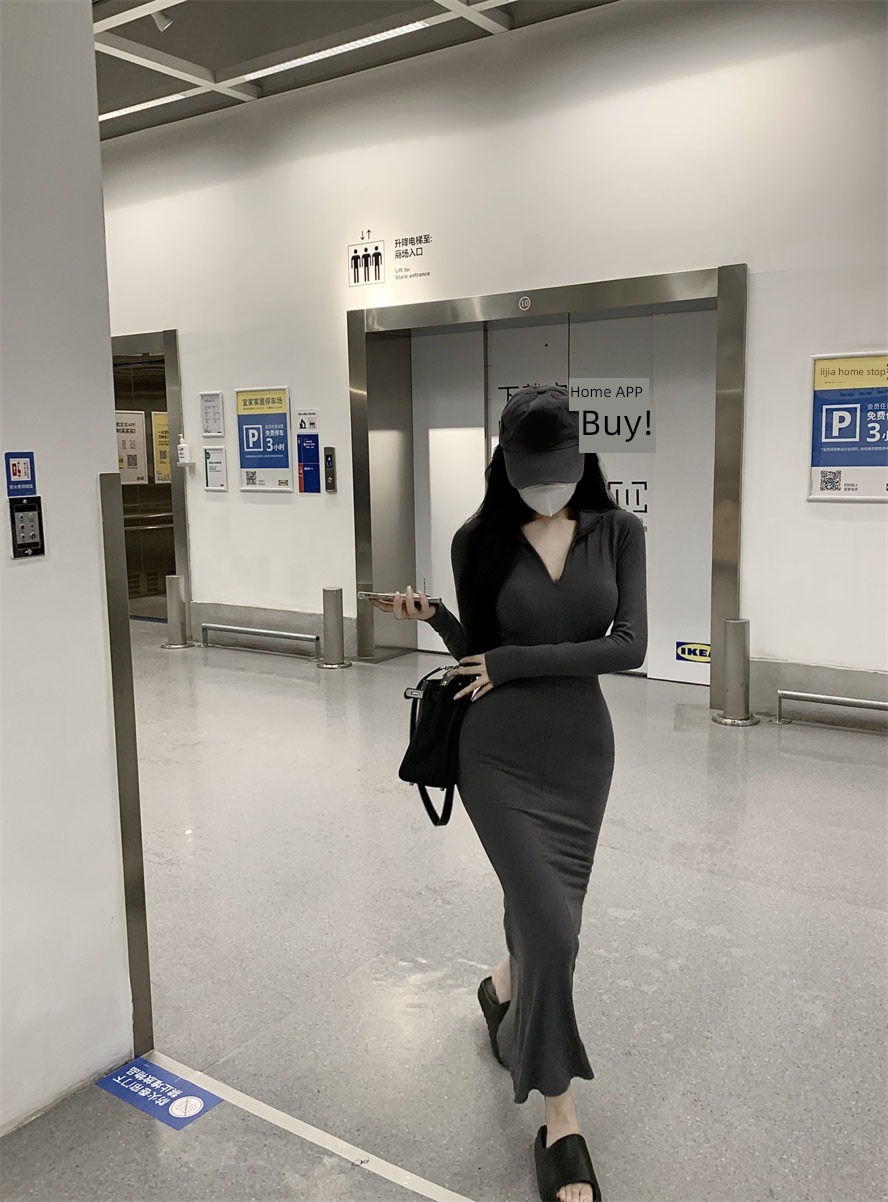 grey autumn Long sleeve Self-cultivation Close your waist Buttocks Fishtail skirt