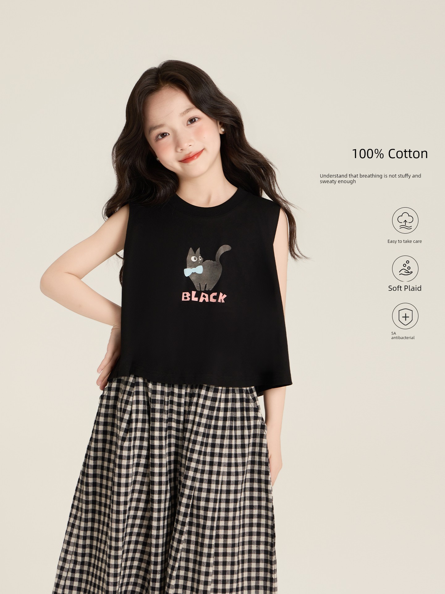 Amybaby Girls' Suit Summer 2026 New Style Loose Cartoon Sleeveless Vest Plaid Wide-Leg Pants — 2