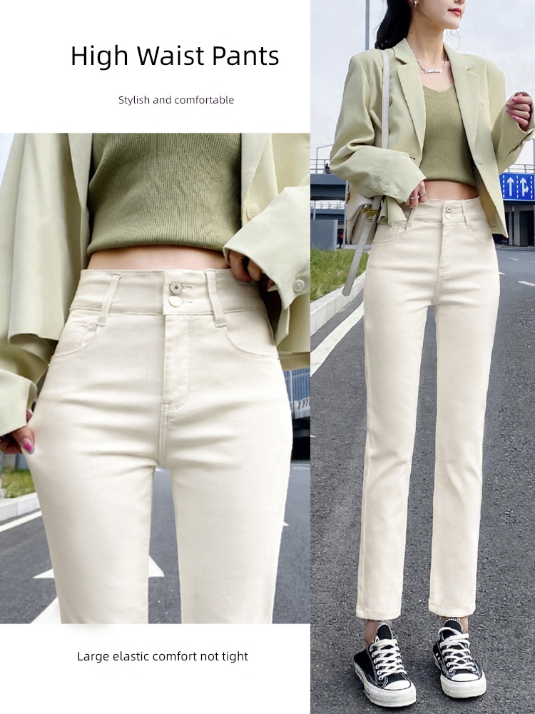 Off white Autumn and winter Plush High waist Eight or nine Pipe pants