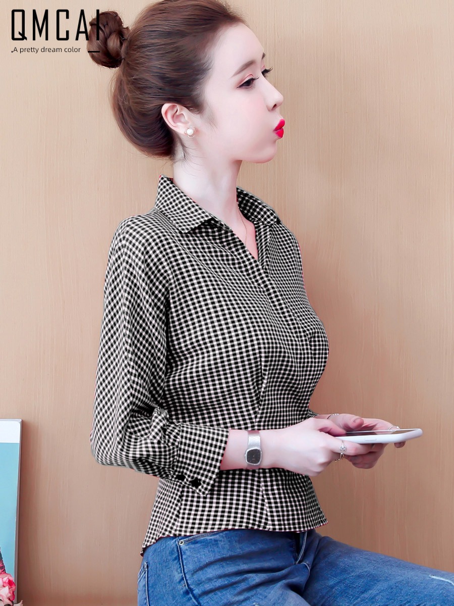 lattice ma'am Long sleeve temperament have a waistline Chiffon shirt