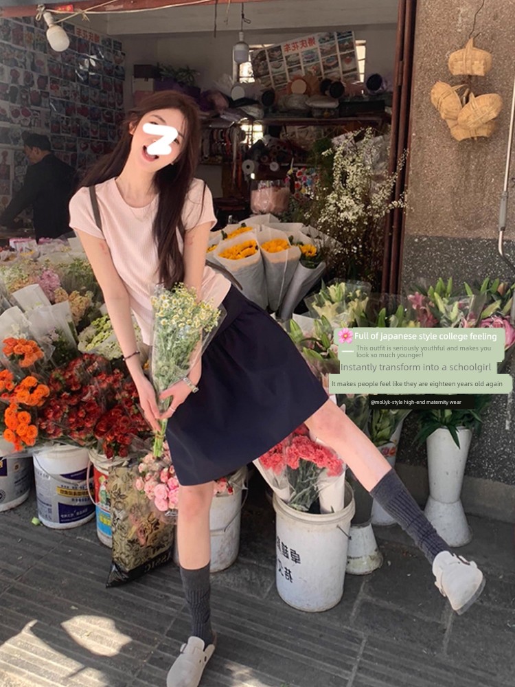 Japanese-Style College-Style Half-Skirt for Pregnant Women, Summer Thin Fashion Slimming Versatile Lazy Puff Skirt A-Line Midi Skirt — 5