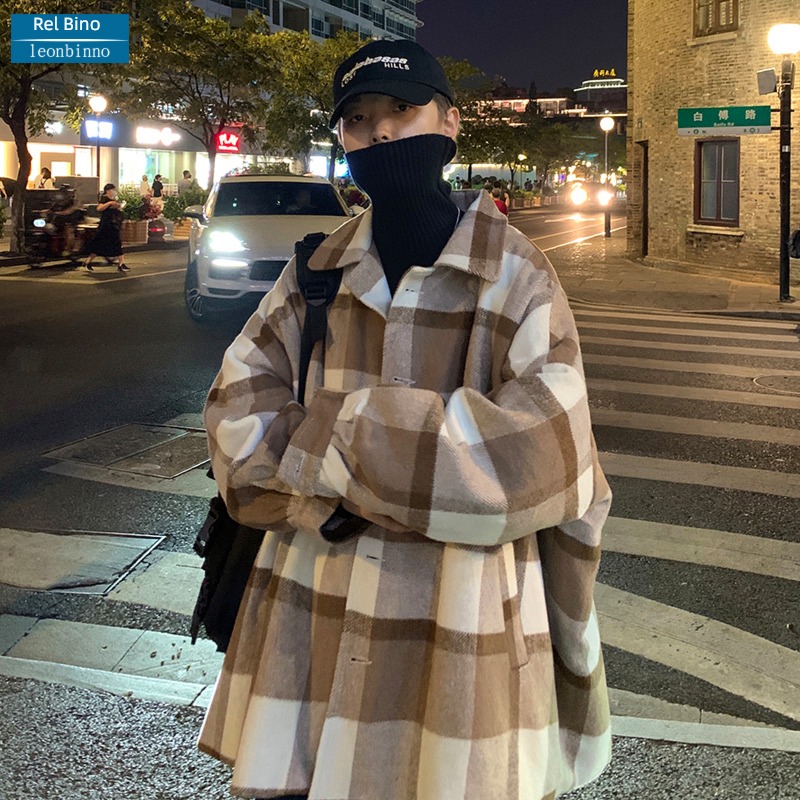 lattice Autumn and winter Medium and long term Windbreak loose coat woolen overcoat
