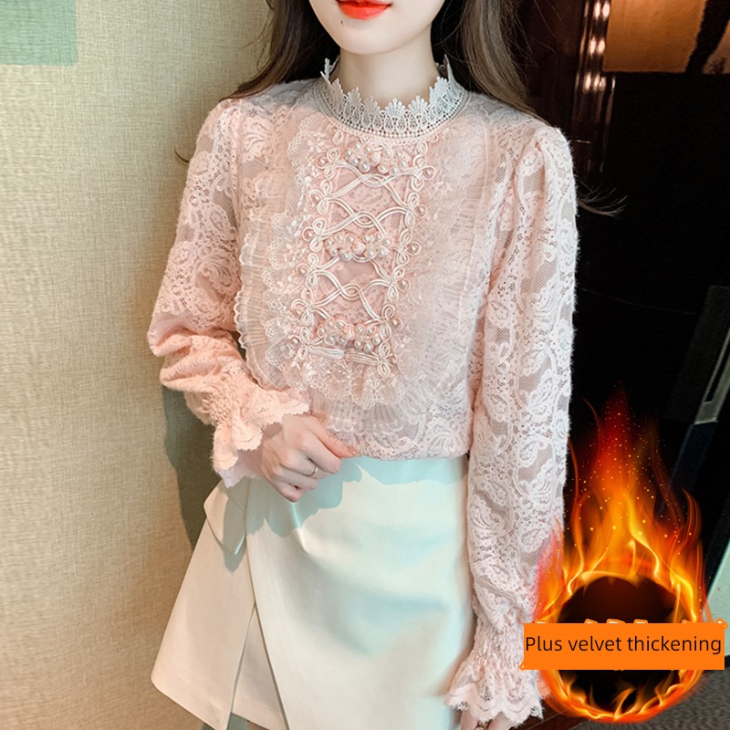 fashionable Foreign style Gauze Undershirt female Autumn and winter clothes 2022 new pattern Cut out with lace Long sleeve Plush thickening Put on your clothes