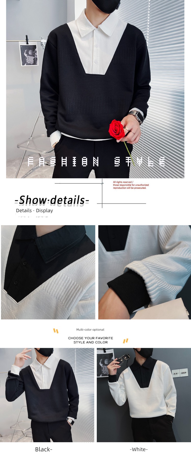 Chaopai Lapel Ruffian handsome Color contrast Inner lap Undershirt sweater