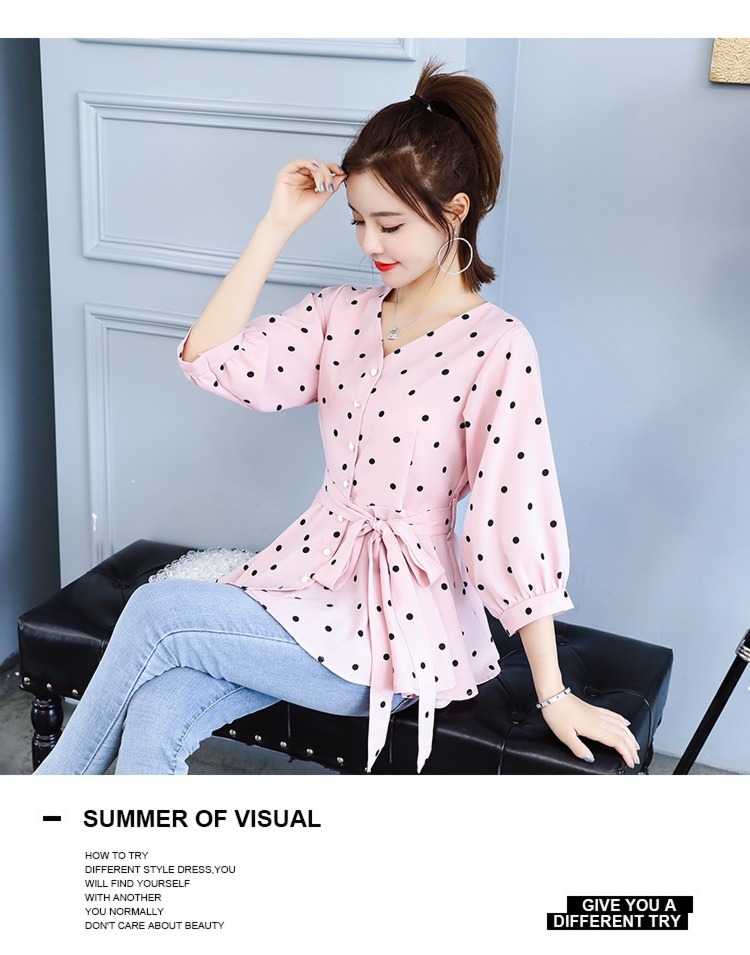Korean version Temperament lady Frenulum Close your waist Skirt Ruffles Baby shirt jacket Short sleeve Wave point Chiffon shirt female summer