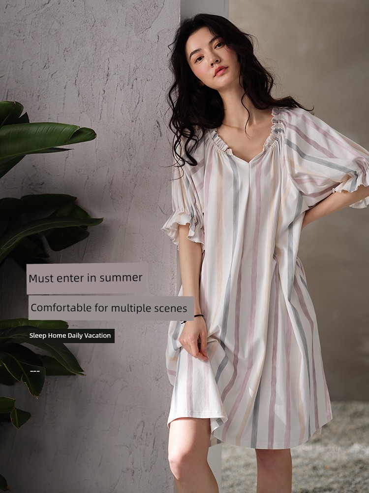 easy Big size summer pure cotton Princess style V-collar Nightdress