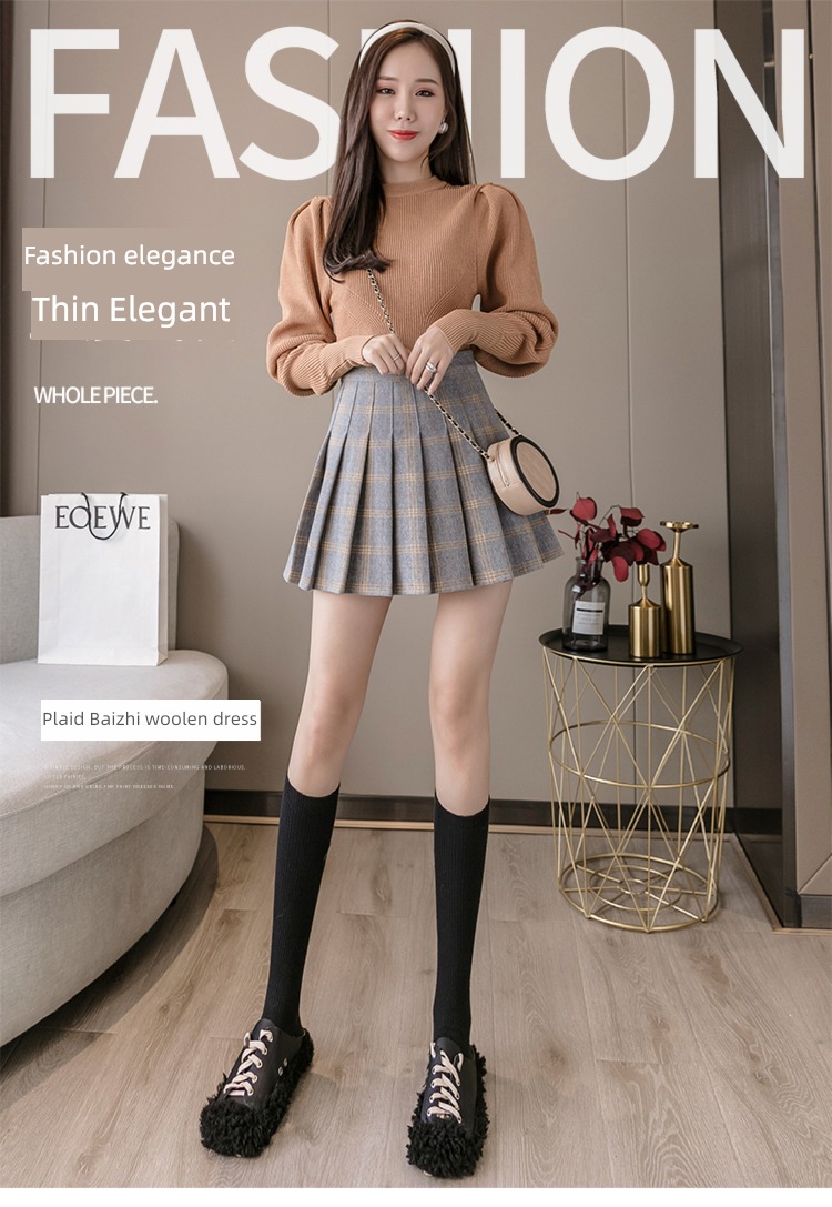 Wool lattice early autumn winter Half body Advanced sense Short skirt