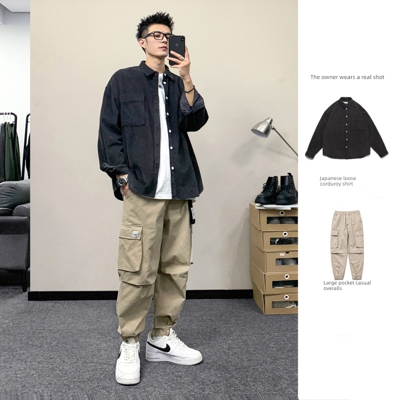 corduroy Korean version a set collocation solar system Long sleeve shirt