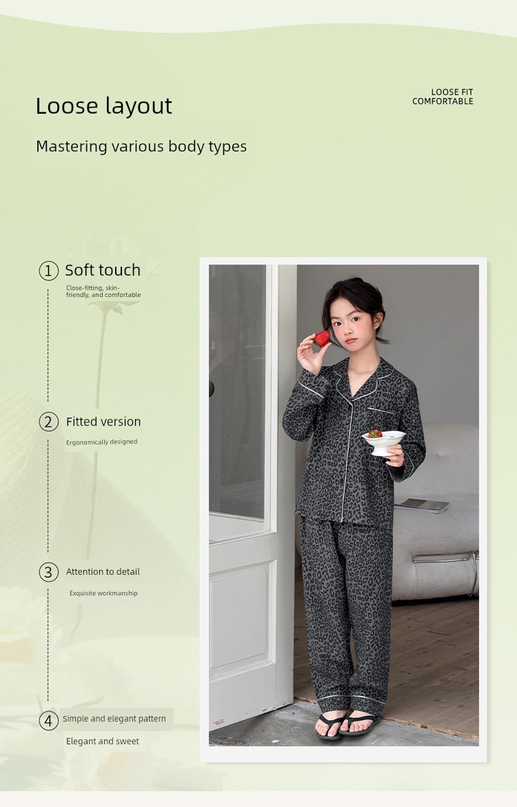 Girls' Retro Autumn-Summer Modal Woven Pajamas, Long-Sleeve Cardigan, Home Wear Set for Older Children and Students — 4