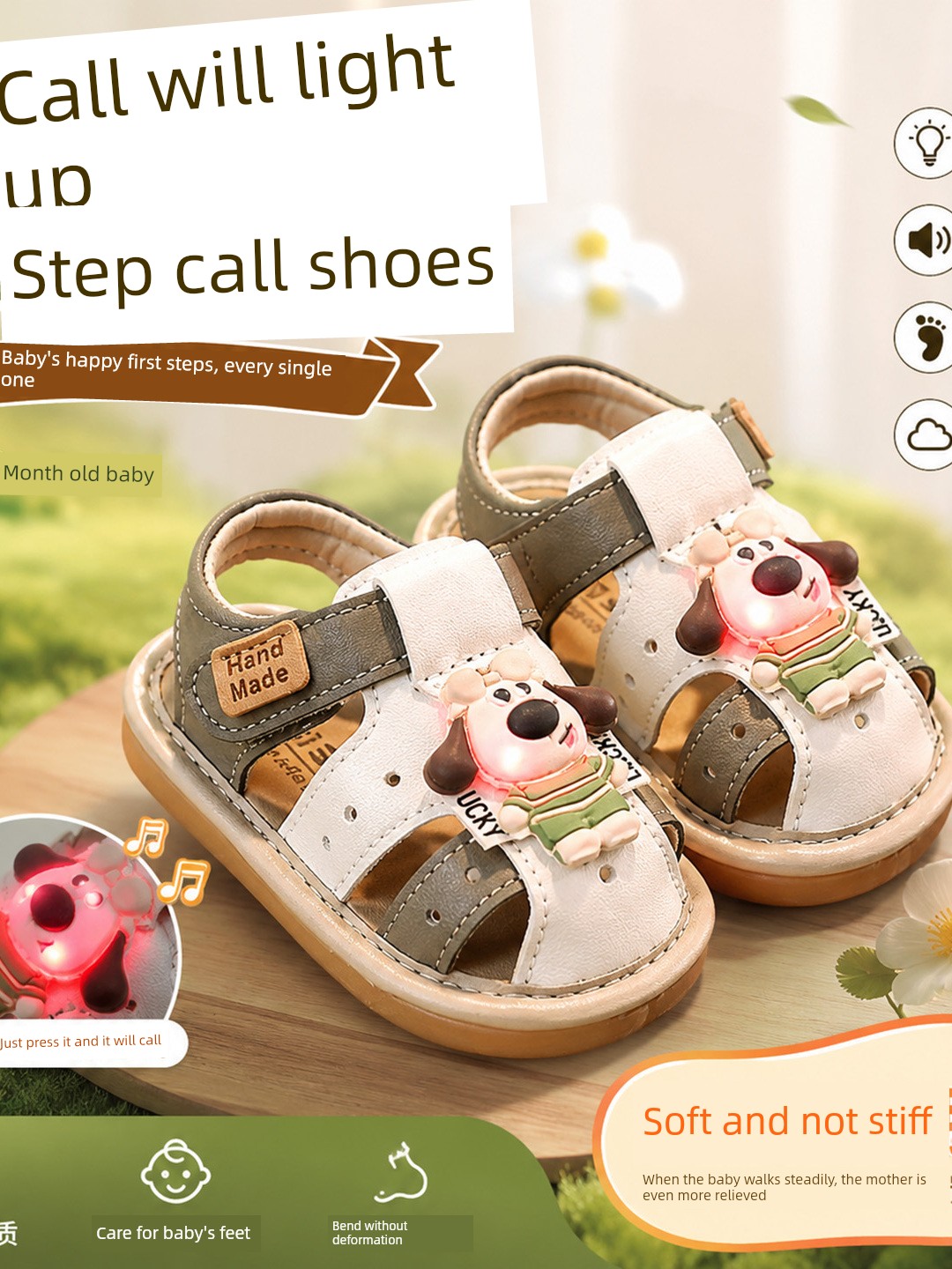 Summer Baby Squeaky Sandals 6-18 Months Unisex Toddler Shoes with Lights, Non-Slip, Closed-Toe, Soft Sole, Sound-Making Children's Shoes