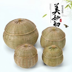 Bamboo Products Pumpkin Basket with Lid, First-Layer Bamboo Green Bamboo Basket, Round Egg and Tea Storage Basket, Bambo