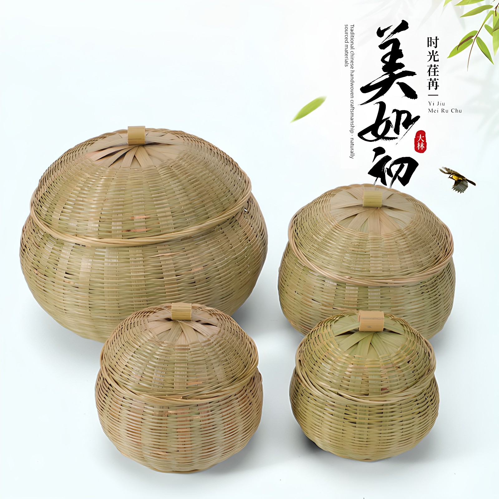 Bamboo Products Pumpkin Basket with Lid, First-Layer Bamboo Green Bamboo Basket, Round Egg and Tea Storage Basket, Bamboo Basket Handicraft
