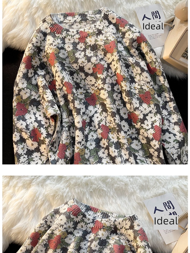 ins Retro Hong Kong flavor Broken flower easy handsome sweater